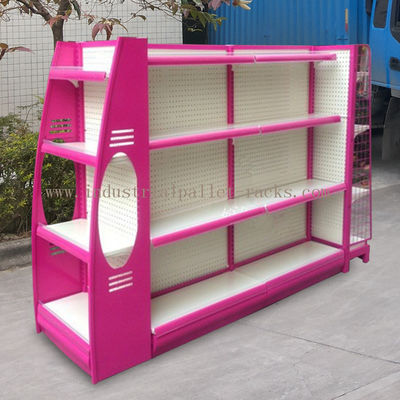 Mua Nhiều kích cỡ 4 cấp kim loại Gondola Shelving Double Side Hiển thị Racks Pink Đối với cửa hàng bán lẻ sản xuất trực tuyến